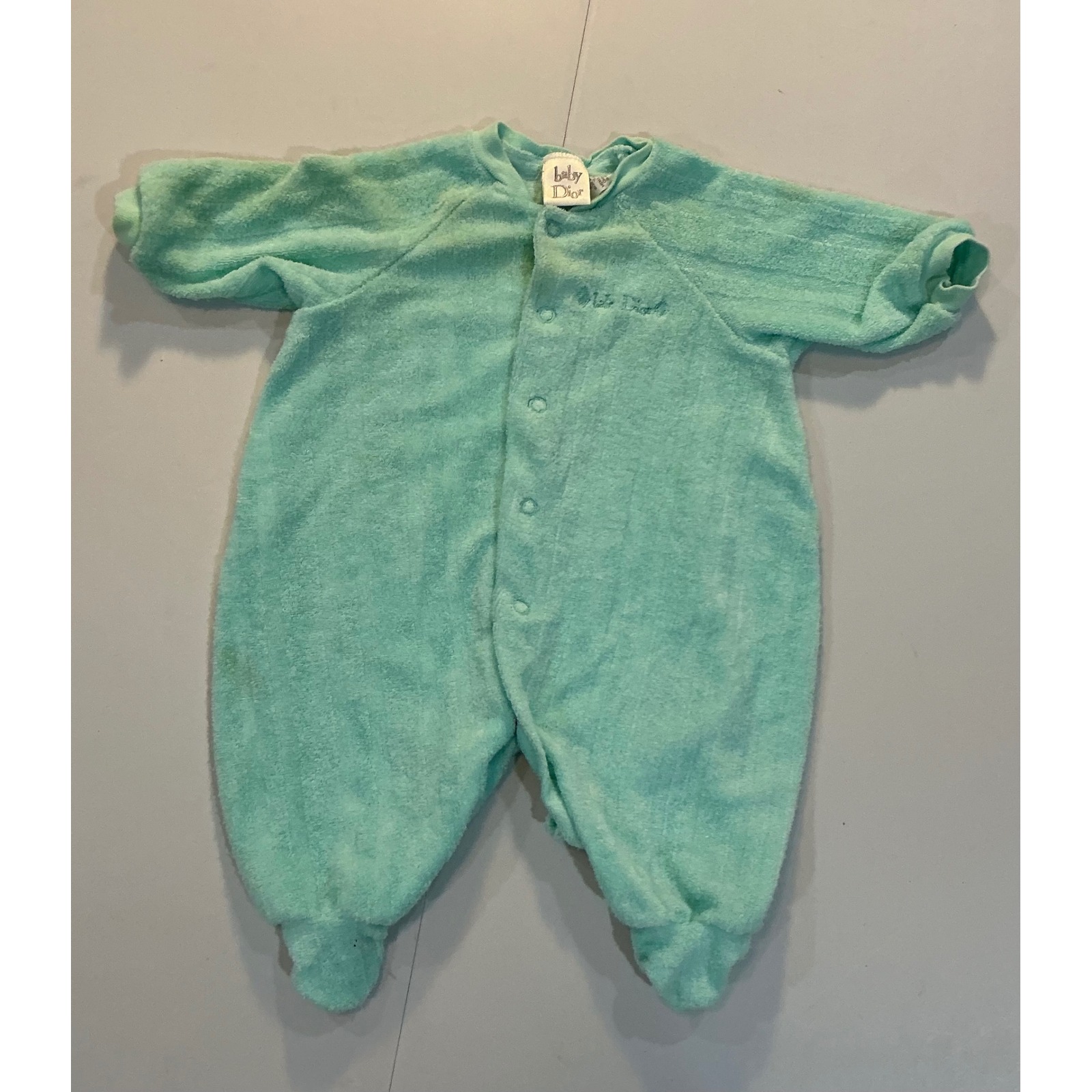 Vtg Baby Dior Footed Sleeper Baby 0-12m Aqua Green Terry Cloth Luxury Retro